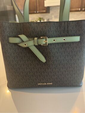 Michael Kors Brown Monogram Tote with Mint Green Trim